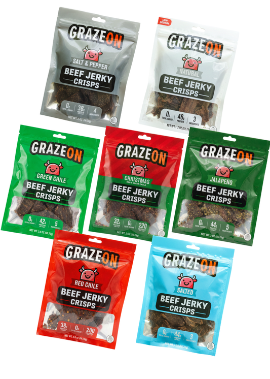 Try All - 7 Flavor Variety Pack of GrazeOn Beef Jerky Crisps- High Protein, No Sugar, Crunchy Air-Dried Meat Snack, All-Natural - 7 x 2.0 oz Bags