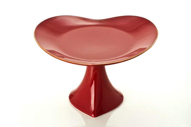 12" FOOTED CAKE PLATE PLATTER red/gold