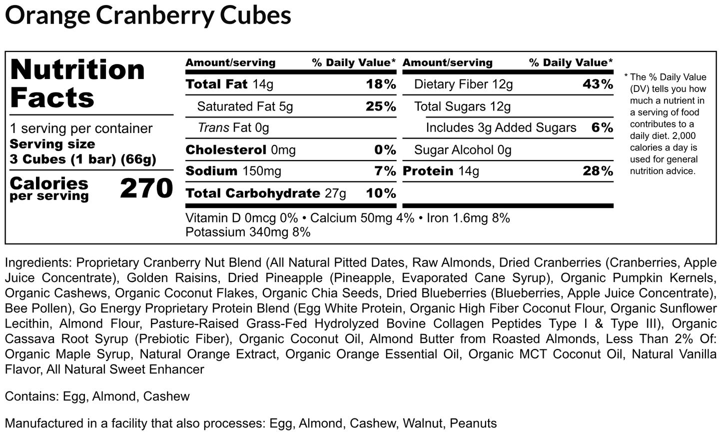 Orange Cranberry E3 Energy Cubes | High-Fiber, All-Natural Protein Bars (12 bars)
