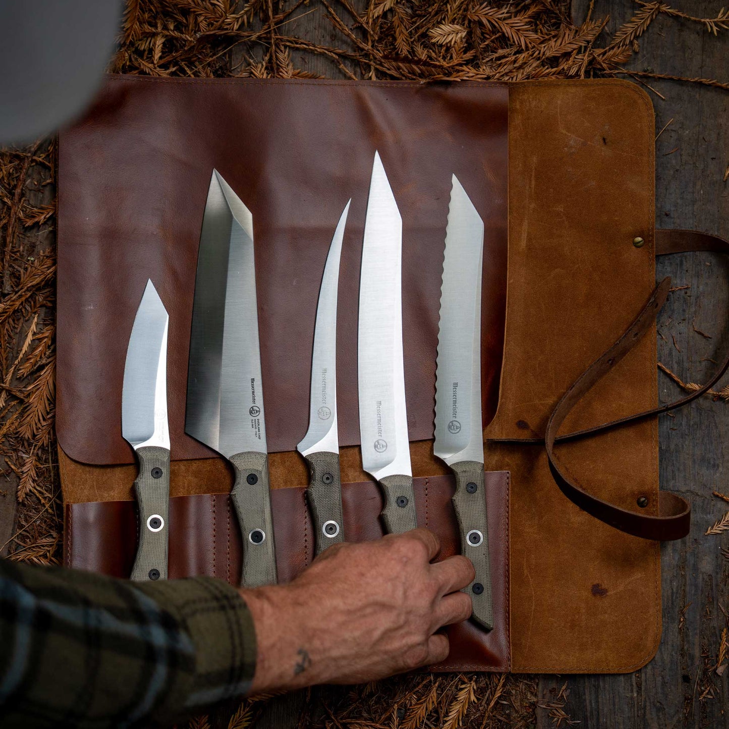 Overland Leather 5 Pocket Knife Roll With Pin Closure - Cognac Brown