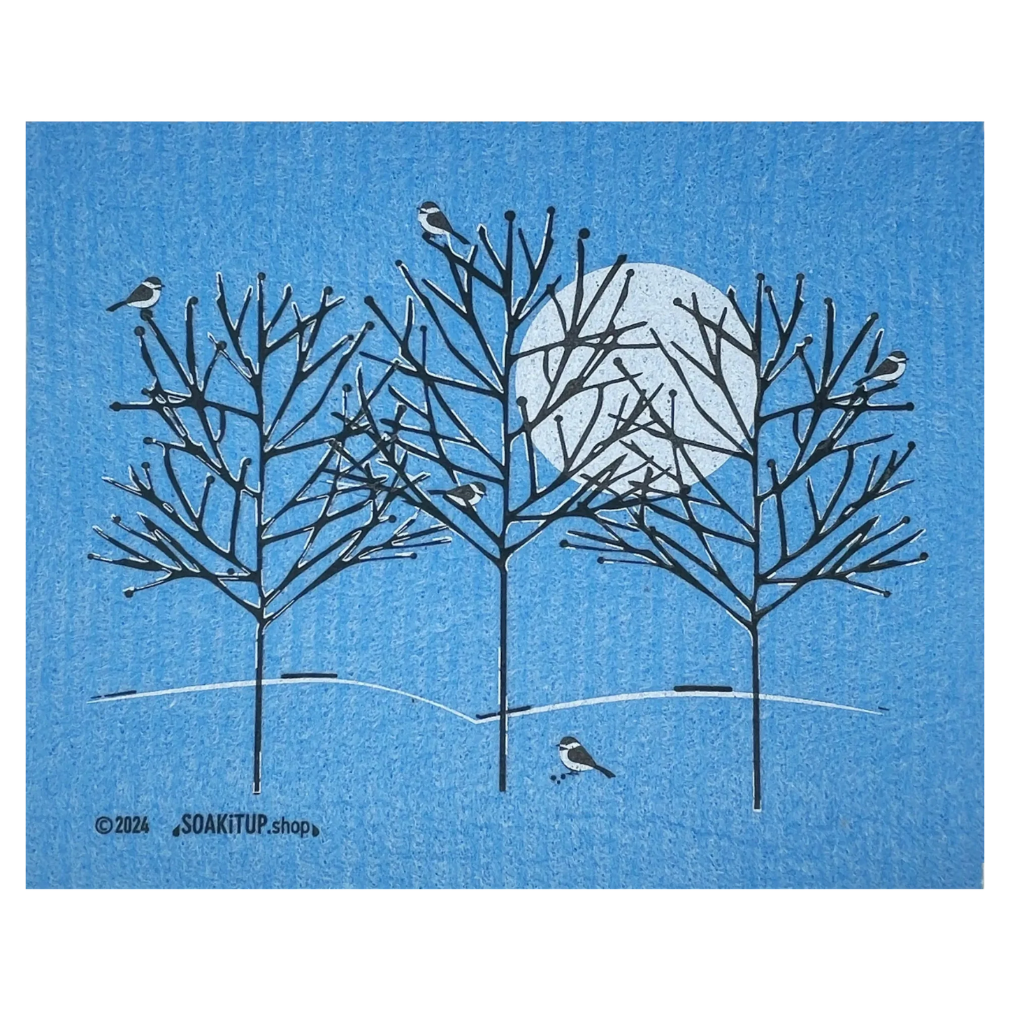 Five Chickadees on Frosted Branches Swedish Dishcloth | Soak iT Up