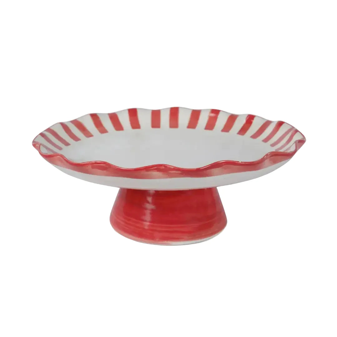 Ceramic Stripe Cake Stand,Red - 10 x 10 x 3.75 Inches