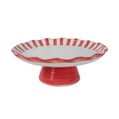 Ceramic Stripe Cake Stand, Red - 10 x 10 x 3.75 Inches