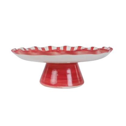 Ceramic Stripe Cake Stand, Red - 10 x 10 x 3.75 Inches