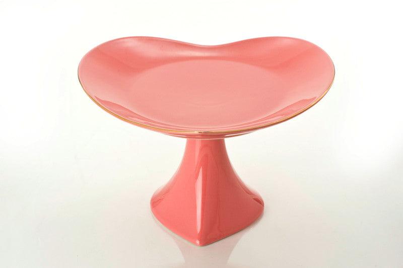 12" FOOTED CAKE PLATE PLATTER pink/gold