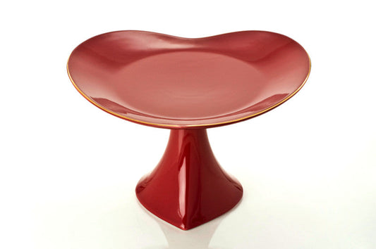 12" FOOTED CAKE PLATE PLATTER red/gold