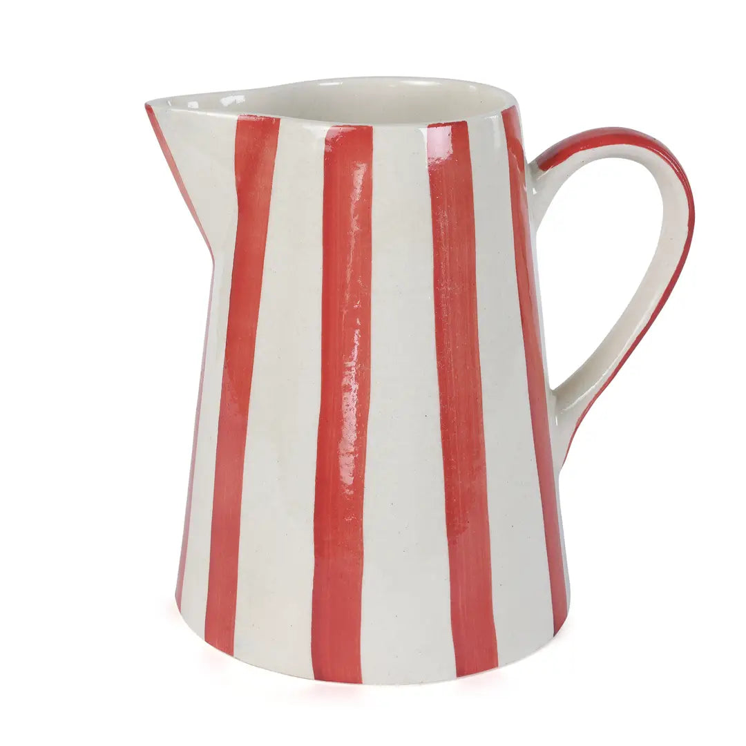 Ceramic Stripe Pitcher, Red- 8.25x8.25x8 Inches