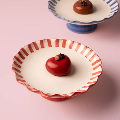 Ceramic Stripe Cake Stand, Red - 10 x 10 x 3.75 Inches