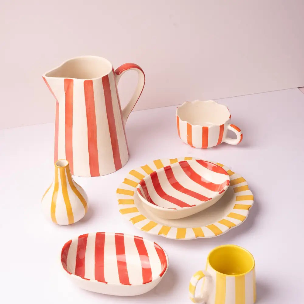 Ceramic Stripe Pitcher, Red- 8.25x8.25x8 Inches