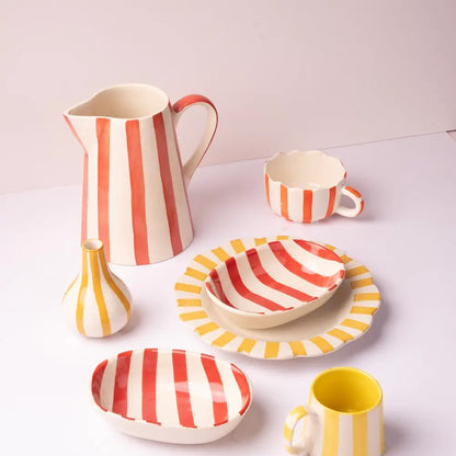 Ceramic Stripe Pitcher, Red- 8.25x8.25x8 Inches