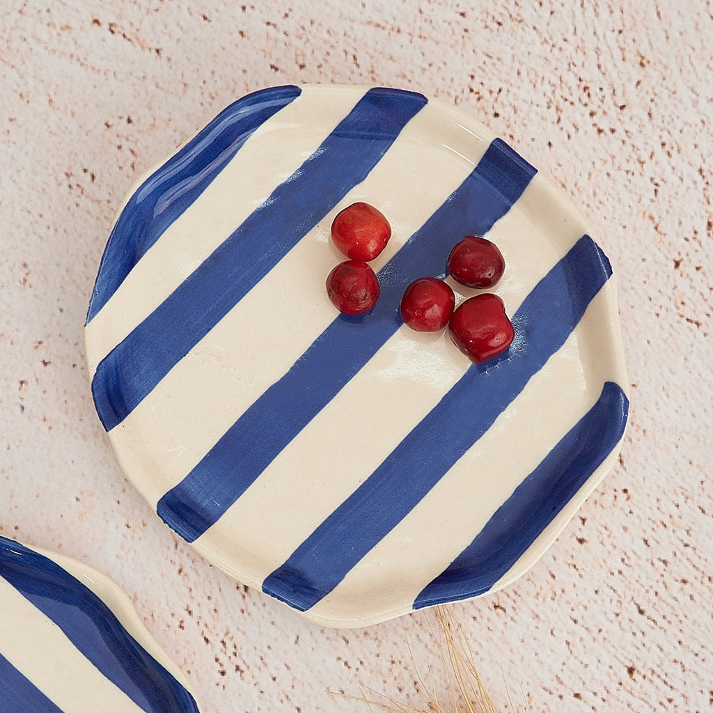 Ceramic Blue stripe plate, 6.3x6.3 Inches (Set of 4)