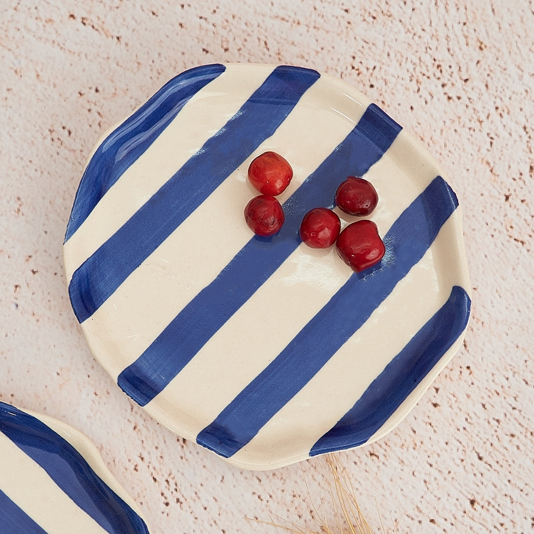 Ceramic Blue stripe plate, 6.3x6.3 Inches