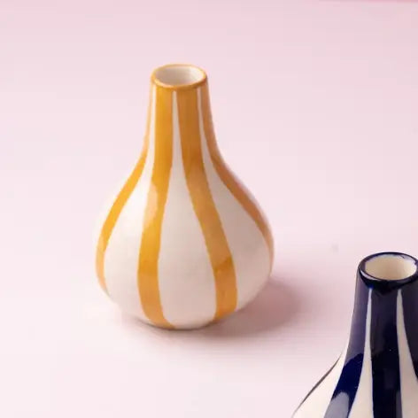 Ceramic Stripe  bud vase, Yellow-  3.5 x 3.5 x 4.75 Inches , Set of 2