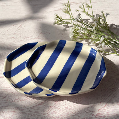 Ceramic Blue stripe plate, 6.3x6.3 Inches