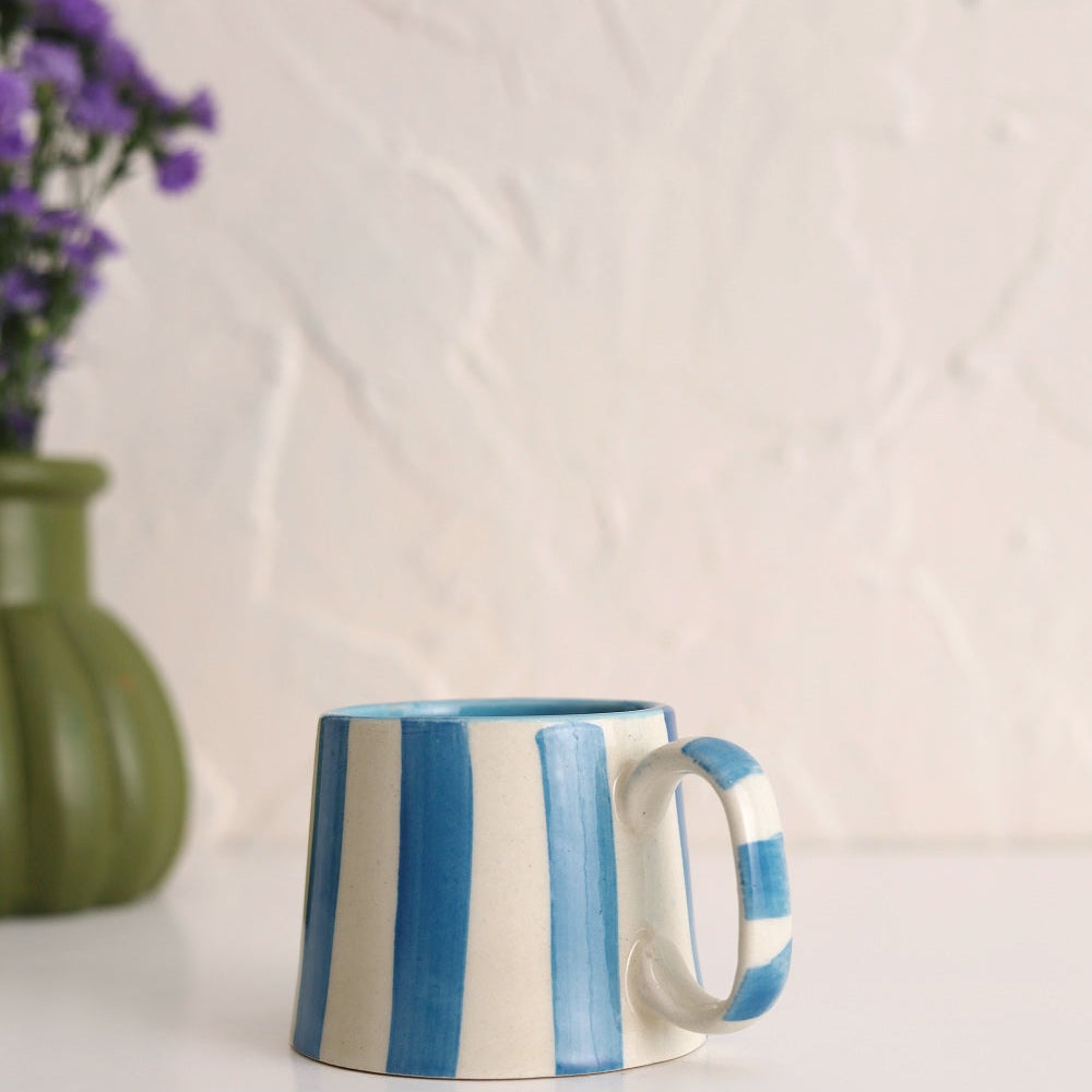 Aqua Blue Stripe Coffee cup | Handpainted Ceramic | 220ml (Set of 2)