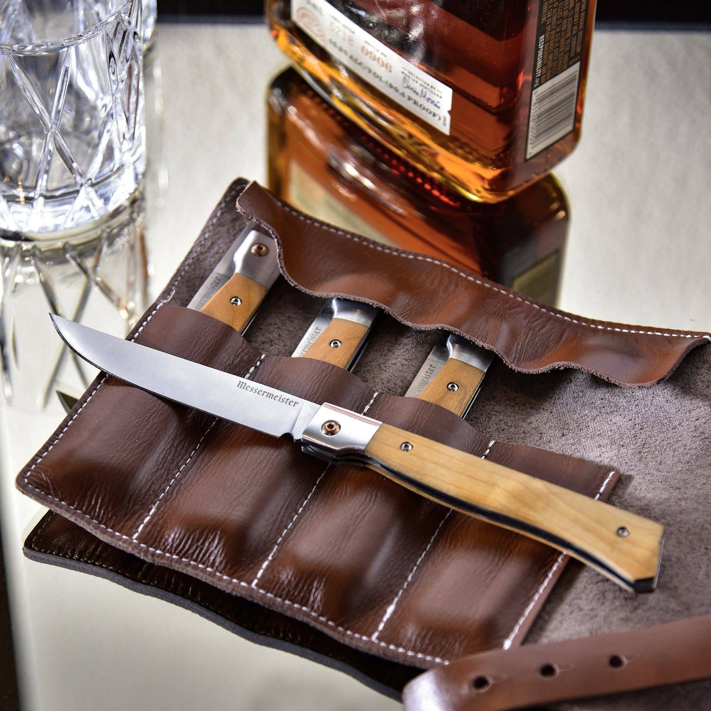 Folding Steak Knife Set in Leather Roll - 4 Piece