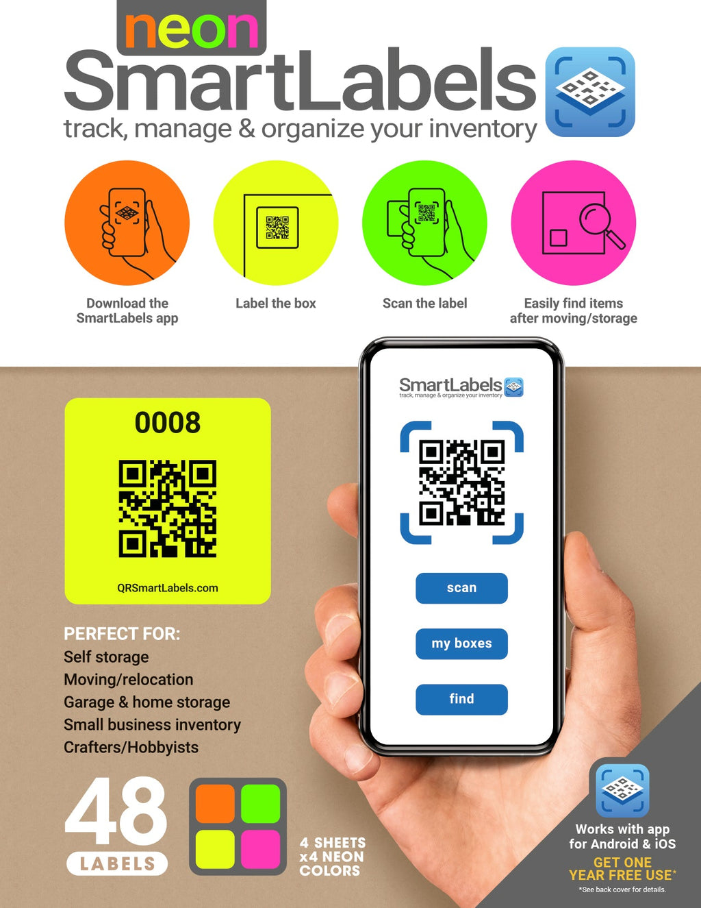 Smart Labels QR Code Stickers Pack of 48 (Neon) Made in USA - QR Code Labels for Storage & Inventory Tracking, Storage Unit Organization, App Stickers for Inventory Organization & Moving Supplies