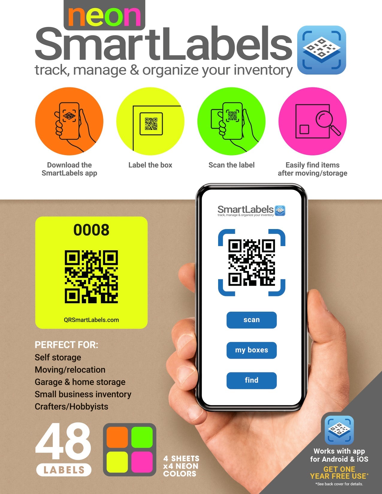Smart Labels QR Code Stickers Pack of 48 (Neon) Made in USA - QR Code Labels for Storage & Inventory Tracking, Storage Unit Organization, App Stickers for Inventory Organization & Moving Supplies