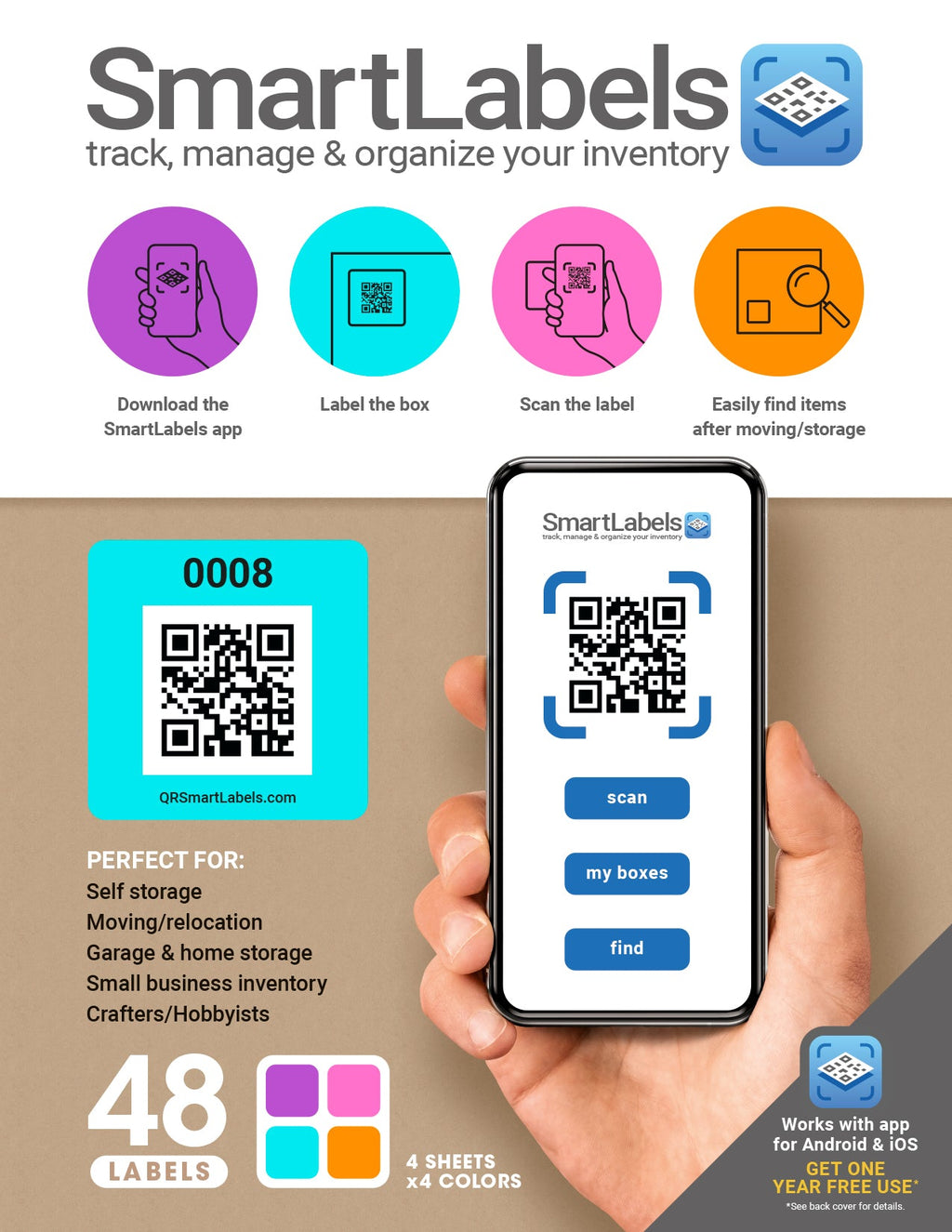 Smart Labels QR Code Stickers Pack of 48 (Modern) Made in USA - QR Code Labels for Storage & Inventory Tracking, Storage Unit Organization, App Stickers for Inventory Organization & Moving Supplies