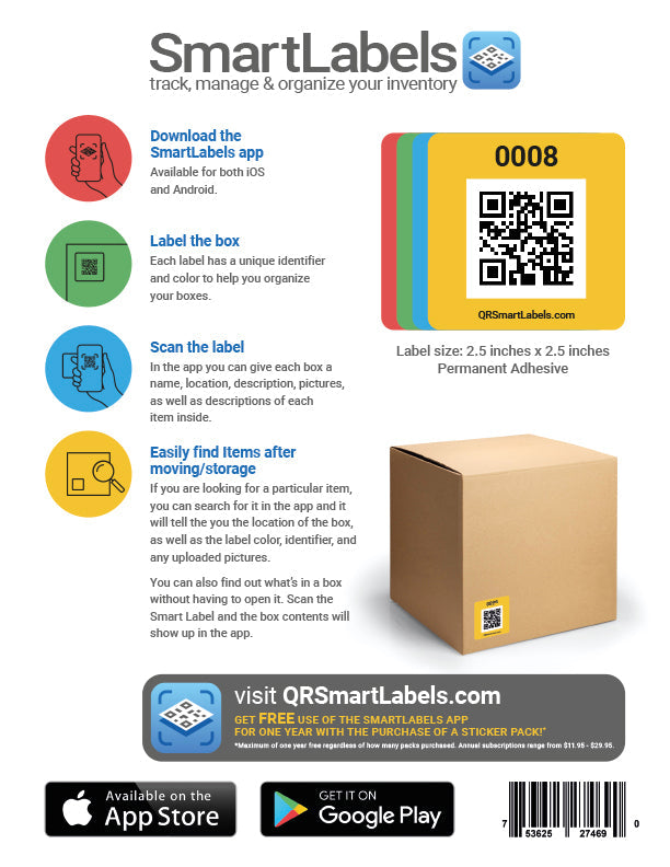 Smart Labels QR Code Stickers Pack of 48 (Original) Made in USA - QR Code Labels for Storage & Inventory Tracking, Storage Unit Organization, App Stickers for Inventory Organization & Moving Supplies