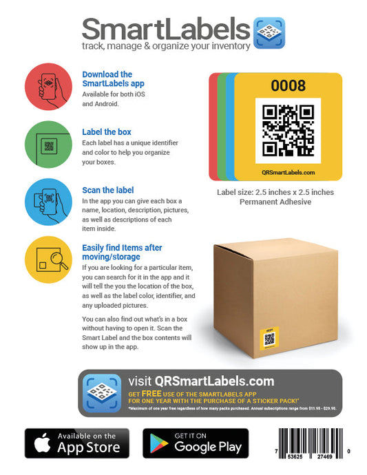 Smart Labels QR Code Stickers Pack of 48 (Original) Made in USA - QR Code Labels for Storage & Inventory Tracking, Storage Unit Organization, App Stickers for Inventory Organization & Moving Supplies