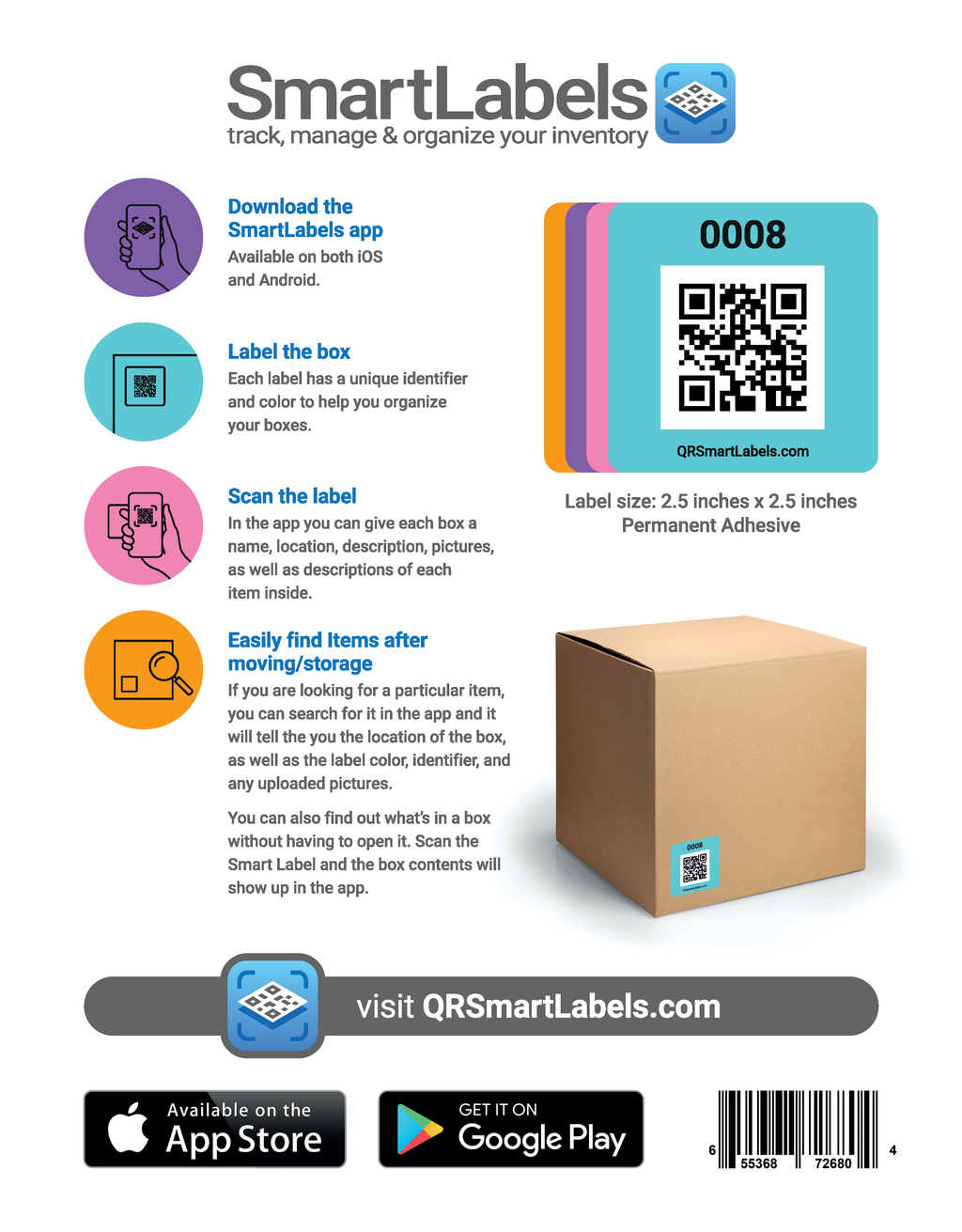 Smart Labels QR Code Stickers Pack of 48 (Modern) Made in USA - QR Code Labels for Storage & Inventory Tracking, Storage Unit Organization, App Stickers for Inventory Organization & Moving Supplies