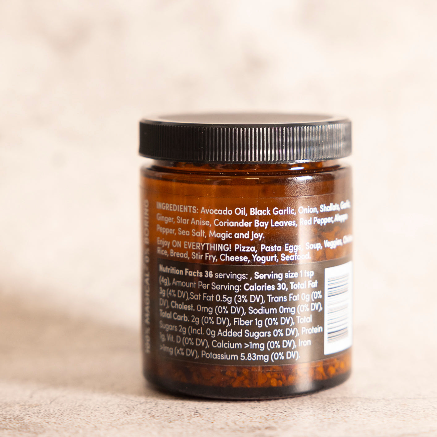Chili Crisp Black Garlic Flavor- Avocado Oil, Savory Depth, Umami Crunch