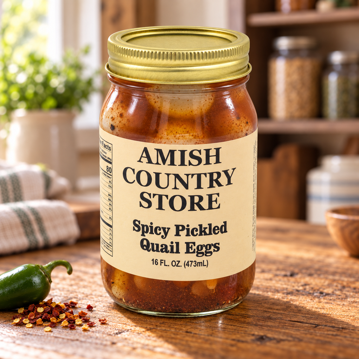 Spicy Pickled Quail Eggs | Jalapeño Brine Protein Snack | Amish Country Store | 16 oz