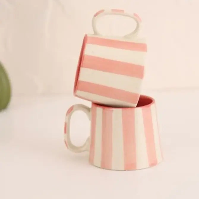 Pink Stripe Coffee Cup | Handpainted Stoneware Mug | 220ml (Set of 2)