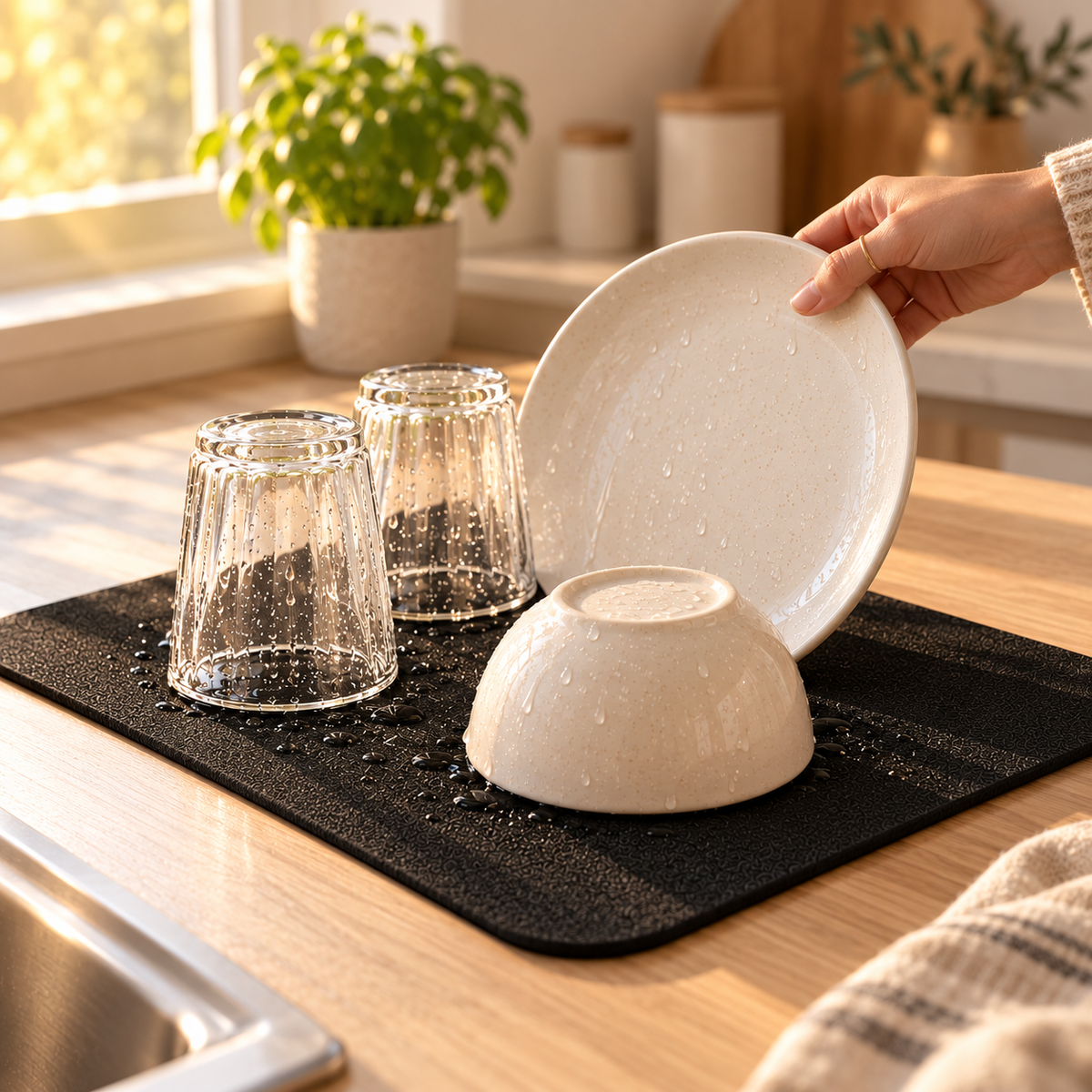 Black Dish Drying Mat — Super Absorbent, Non-Slip