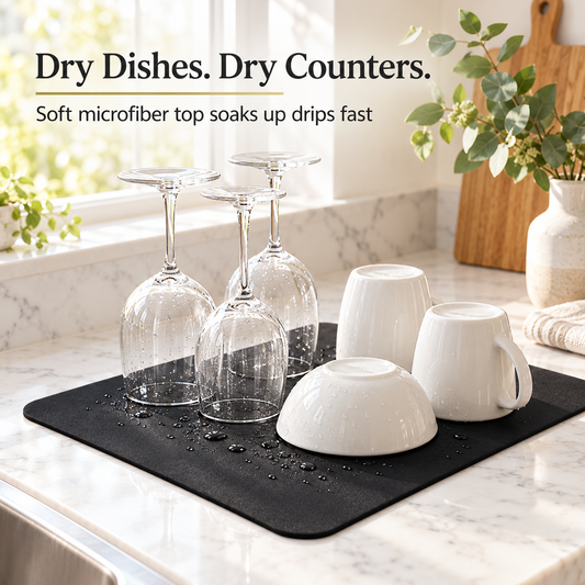 Black Dish Drying Mat — Super Absorbent, Non-Slip