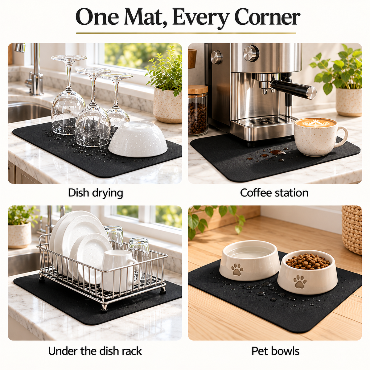 Black Dish Drying Mat — Super Absorbent, Non-Slip