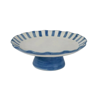 Ceramic Stripe Cake Stand, Blue - 10 x 10 x 3.75 Inches