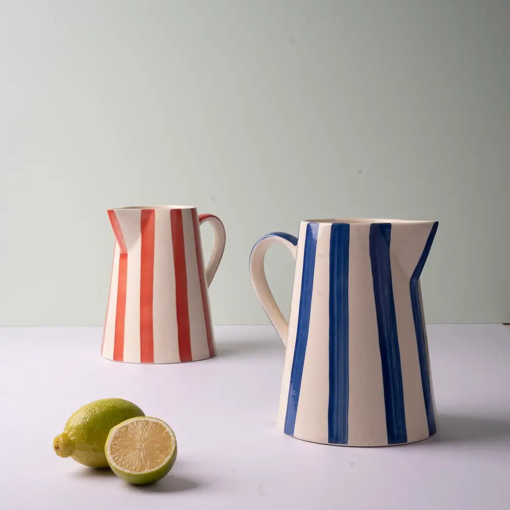 Ceramic Stripe Pitcher, Red- 8.25x8.25x8 Inches