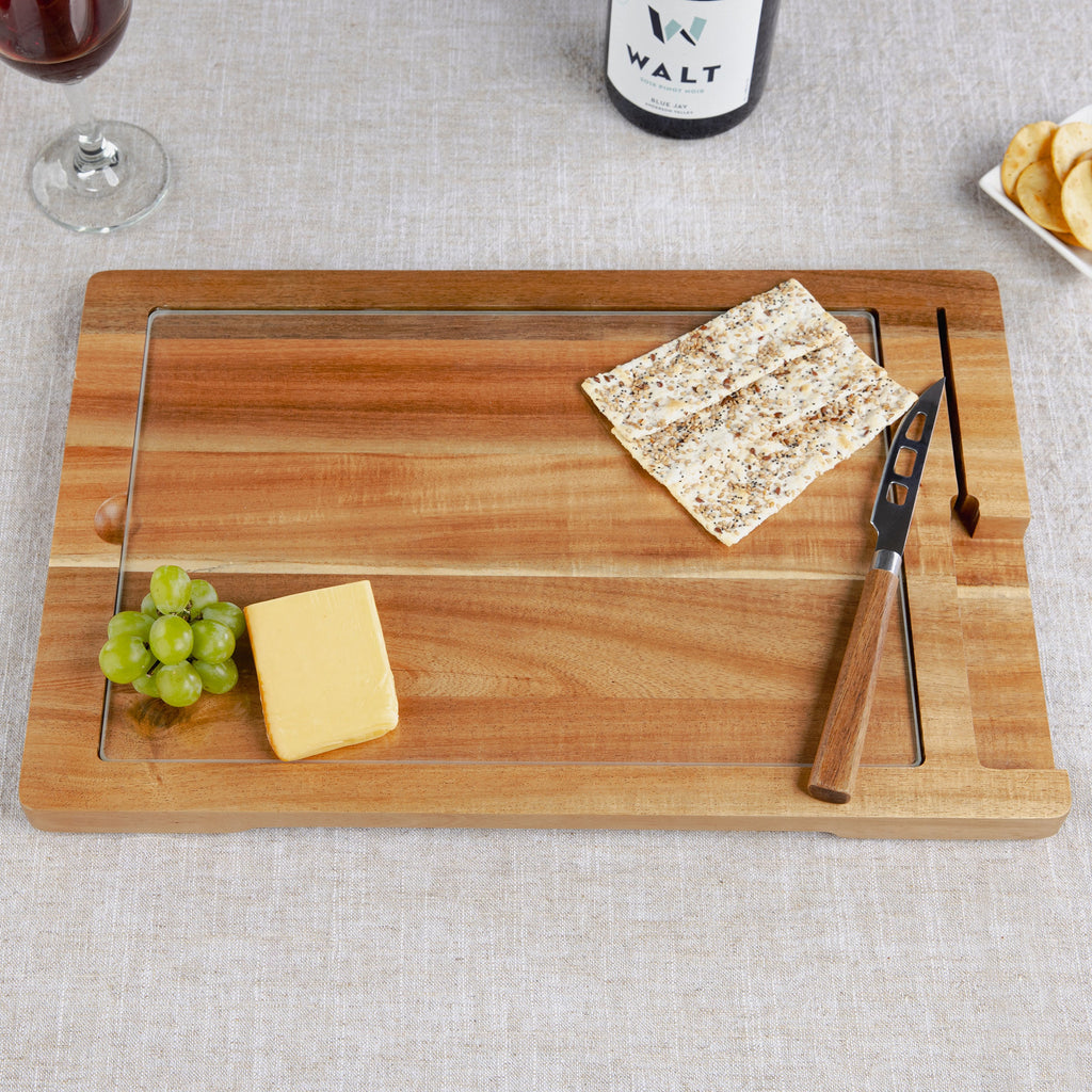 Ventana Tempered Glass and Acacia Cheese Board and Knife Set
