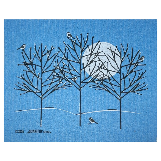 Five Chickadees on Frosted Branches Swedish Dishcloth | Soak iT Up