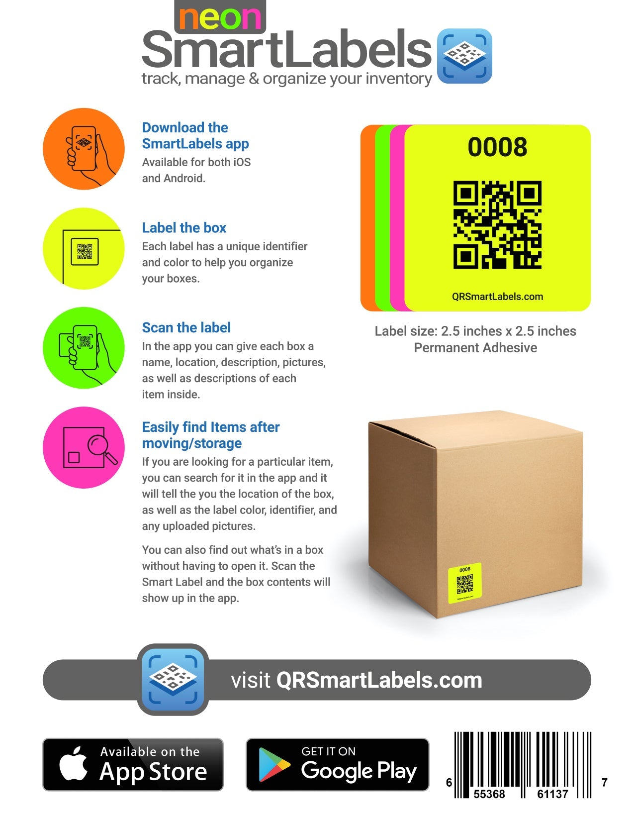 Smart Labels QR Code Stickers Pack of 48 (Neon) Made in USA - QR Code Labels for Storage & Inventory Tracking, Storage Unit Organization, App Stickers for Inventory Organization & Moving Supplies