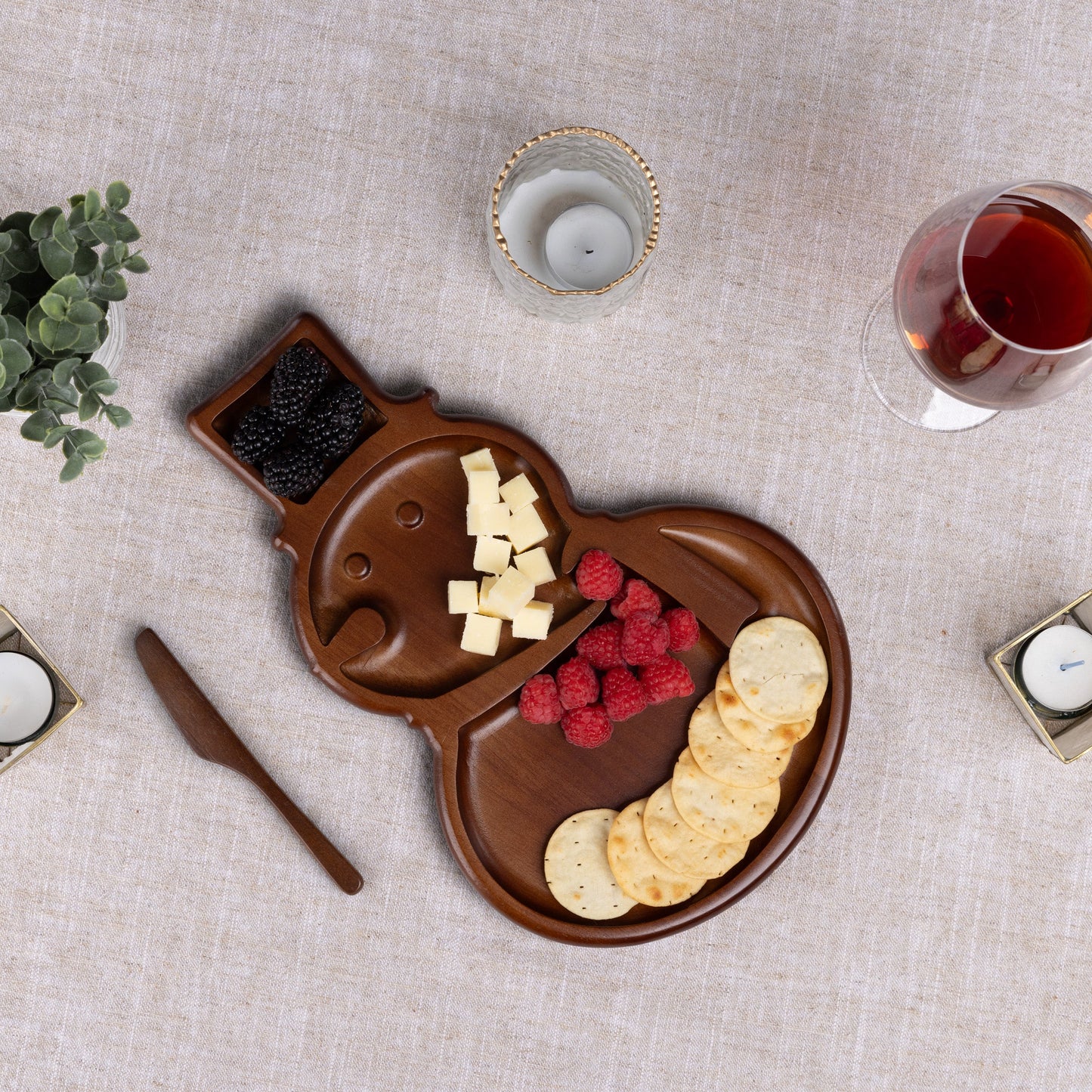 Reversible Snowman Sectioned Serving Tray with Knife